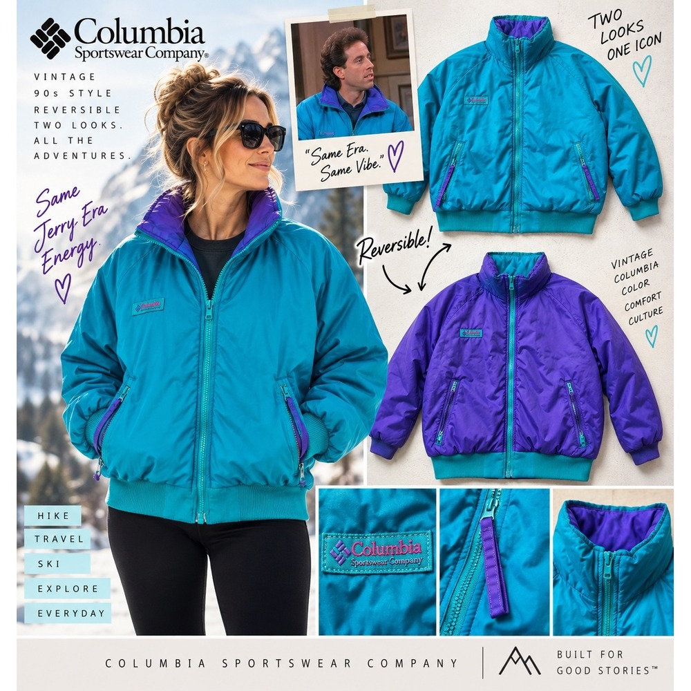 Vintage Columbia 90s Reversible Puffer Jacket Teal Purple Retro Bomber Womens